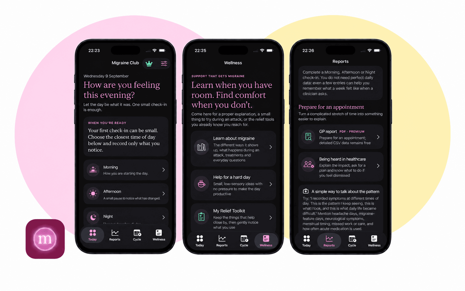 three phones showing the migraine club check-in, wellness and reports screens, alongside the migraine club app icon